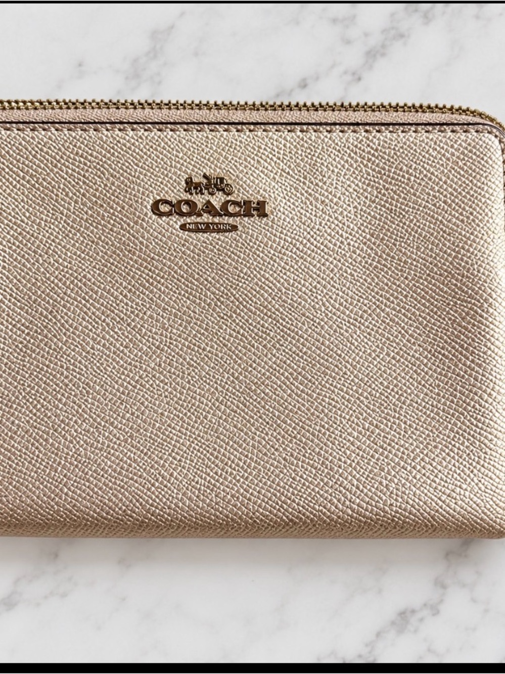 COACH Metallic Rose Gold Zip Card Holder with Logo